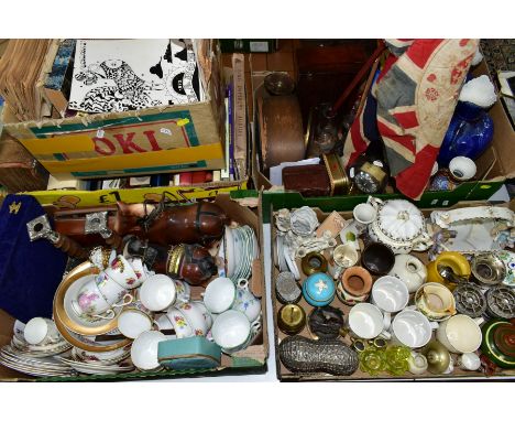 FIVE BOXES OF CERAMICS, BOOKS, EPHEMERA, METALWARES AND SUNDRY VINTAGE ITEMS, to include assorted teawares by Royal Stuart, V