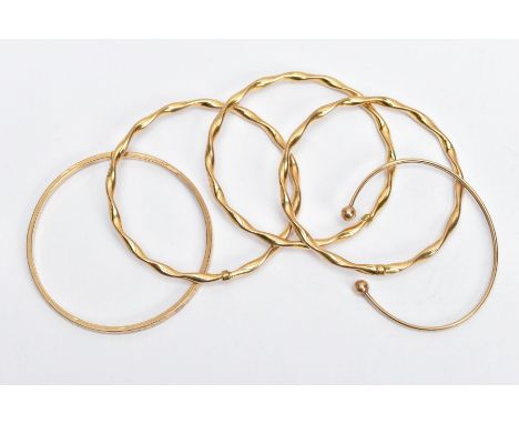 9CT GOLD BANGLES,  to include three twisted hollow bangles, hallmarked 9ct gold Sheffield, one straight patterned hollow bang