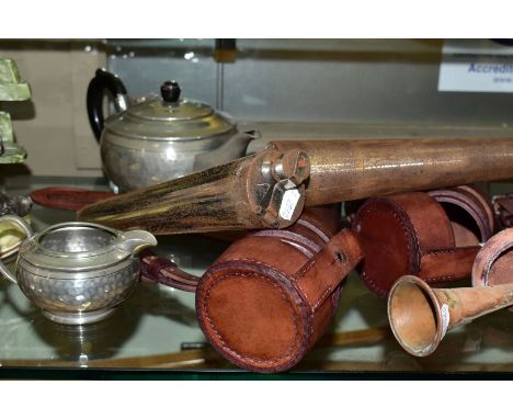 THREE LEATHER CASED HUNTING RELATED ITEMS, two hip flasks and a horn (all very worn and rusty), a three piece hand beaten Eng