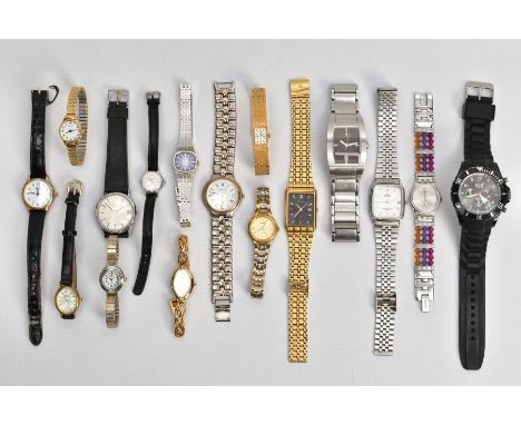 A BOX OF ASSORTED LADIES AND GENTLEMENS WRISTWATCHES, mostly quartz movements, with names to include 'Limit, Lorus, Timex, Ac