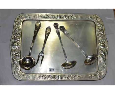 A WHITE METAL LADLE AND MEAT FORK, stamped 800 to the shafts, total weight 290g, together with an arts and crafts style pewte