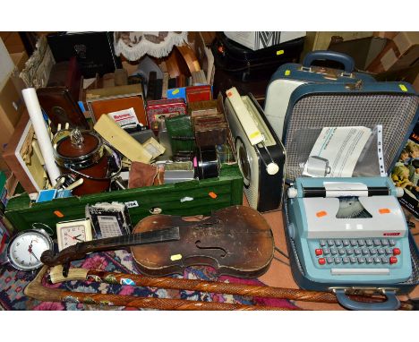 TWO BOXES AND LOOSE BOOKS, VINTAGE COMPUTER GAME CONSOLE, TYPEWRITERS, RADIO, VIOLIN, ETC, to include a boxed Binatone games 