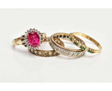 FOUR YELLOW METAL RINGS, one ring assessed as synthetic ruby, oval cut, set with a halo of twenty round brilliant diamonds, s