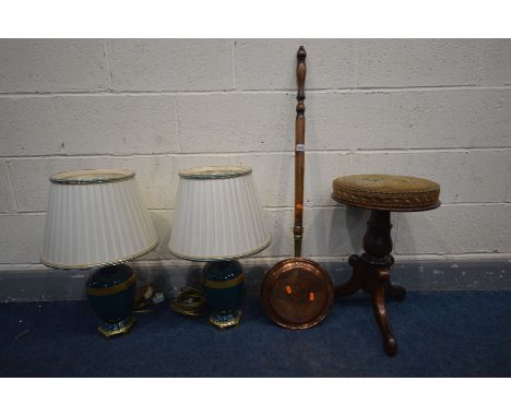 A VICTORIAN MAHOGANY SWIVEL TOP PIANO STOOL, along with a pair of Greek glazed ceramic table lamps with fabric shades, and a 