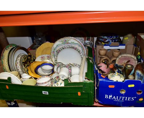 THREE BOXES AND LOOSE CERAMICS AND GLASSWARES, to include a 1930's modernist Empire Ware candlestick and match holder (old ch