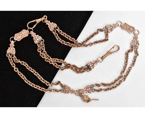 A MODERN 9CT GOLD ALBERTINA, double Albertine fitted with two lobster claw clasps, floral decorated links, hallmarked 9ct gol