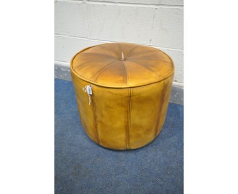 A BROWN LEATHER CIRCULAR POUFFE, diameter 50cm x height 43cm (condition:-loose stitching to top)