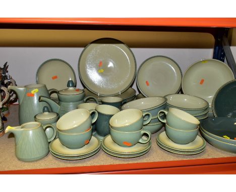 A FIFTY TWO PIECE DENBY 'CALM' PART DINNER SERVICE, comprising tea pot, milk jug, covered sugar bowl, large jug height 17cm, 