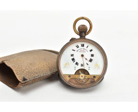 AN EIGHT DAY OPEN FACE METAL POCKET WATCH, the white face with black Roman numerals and floral decoration, Stamped Hebdomas P