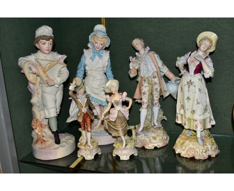 THREE PAIRS OF LATE 19TH/EARLY 20TH CENTURY PORCELAIN FIGURES, comprising a Royal Dux lady and gentleman, model No. 312 and 3