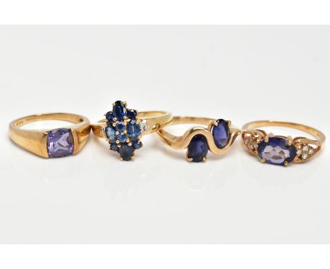 A 9CT GOLD SAPPHIRE CLUSTER RING AND THREE OTHER 9CT GOLD GEM SET RINGS, fifteen stone sapphire cluster ring, comprising of f