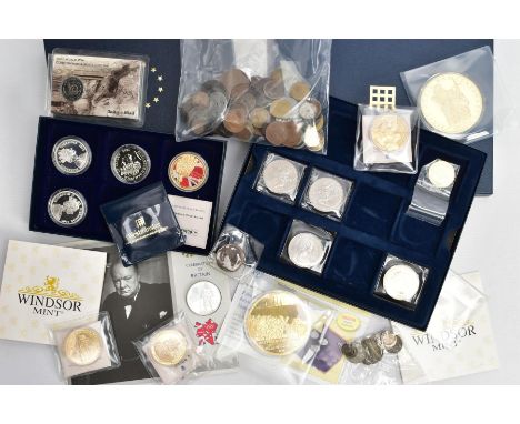 A SHOE BOX OF COINS, to include a Jersey 2014 'least we forget' poppy coin, a Gibraltar 2005 silver proof VE day five pounds,