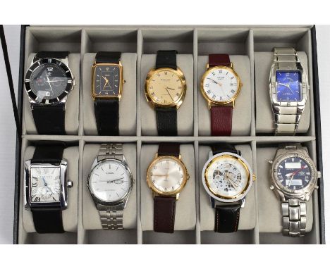 SELECTION OF WATCHES IN A DISPLAY BOX, display box encasing ten watches, names to include Timex, Lorus and Pulsar etc,