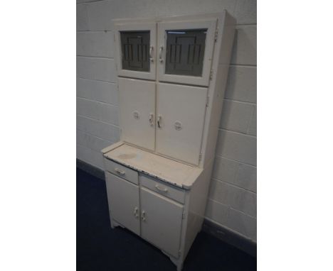 A VINTAGE PAINTED KITCHEN CABINET, with an enamel pull out slide, width 78cm x depth 48cm x height 177cm