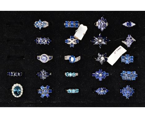 TWENTY SEVEN GEM SET RINGS AND A RING BOX, to include twenty seven white metal rings, of various designs such as clusters, th