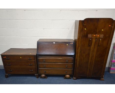 AN OAK CHEST OF THREE DRAWERS, an Art Deco oak bureau and a two door wardrobe (3)