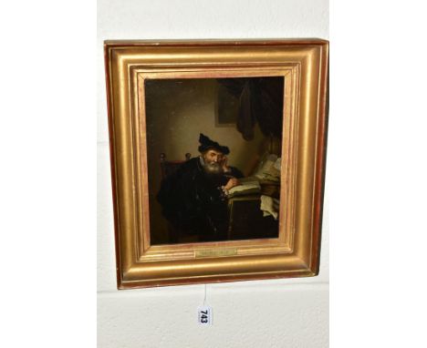 19TH CENTURY CONTINENTAL SCHOOL 'THE MONEY LENDER', a seated portrait of an elderly gentleman who is writing in a ledger, no 