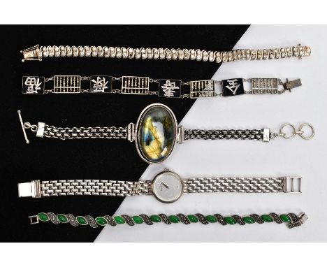 FOUR BRACELETS AND A LADIES WRISTWATCH, to include a white metal and black enamel line bracelet fitted with an integrated box