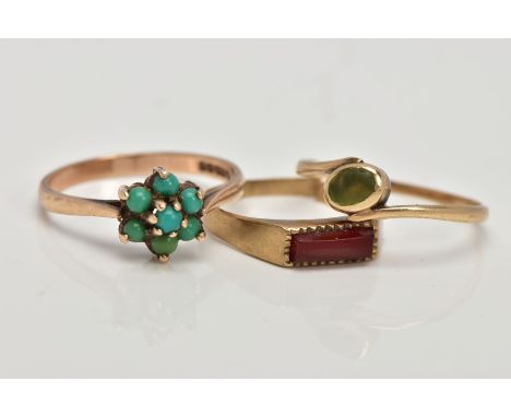 THREE 9CT GOLD RINGS, the first a turquoise cluster ring, set with seven small turquoise cabochons, tapered shoulders, plain 