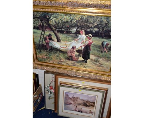 ELEVEN PICTURES to include 'The Apple Gatherers' by Fred Morgan, gilt framed print, approximate size 60cm x 90cm, signed Davi