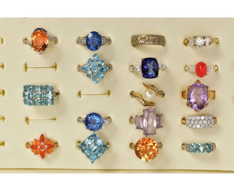 SEVENTEEN GEM SET DRESS RINGS AND A RING BOX, white metal rings some gold-plated, of various designs, set with gemstones to i