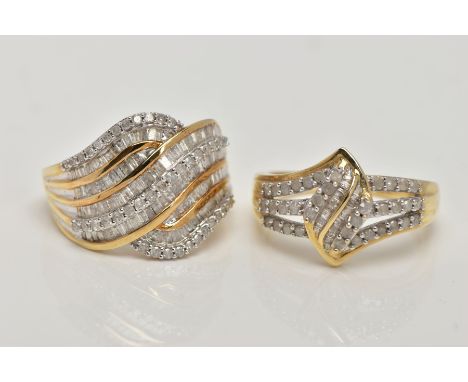 TWO 9CT GOLD DIAMOND RINGS, both of fancy interlocking designs, set with single cut and baguette cut diamonds, the first esti