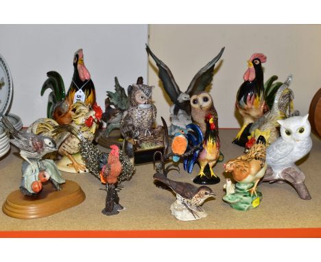 SIXTEEN BIRD ORNAMENTS, to include ceramic, resin and metal chickens, owls, eagle, kingfisher, etc, two pairs of cockerels, o