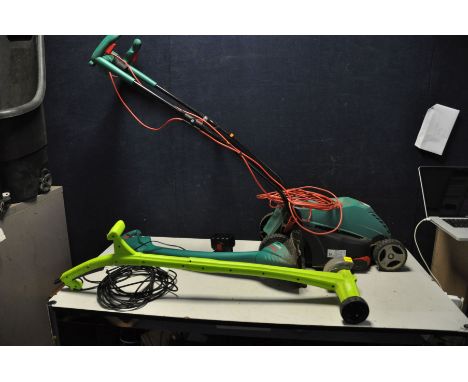 A BOSCH ROTAK 340ER ELECTRIC LAWN MOWER with grass box, a Bosch Easytrim Accu 14.4v strimmer with one battery and charger, an