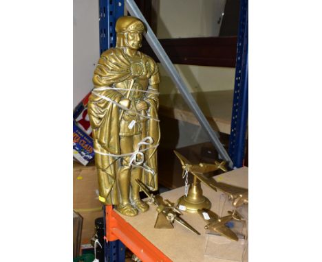 FOUR BRASS MODEL AIRCRAFT AND A FLATBACK BRASS FIGURE OF A ROMAN CENTURIAN, height 51cm two of the aircraft mounted on stands