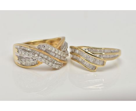 TWO 9CT GOLD DIAMOND RINGS, the first designed as a part double cross over band channel set with baguette cut diamonds, estim