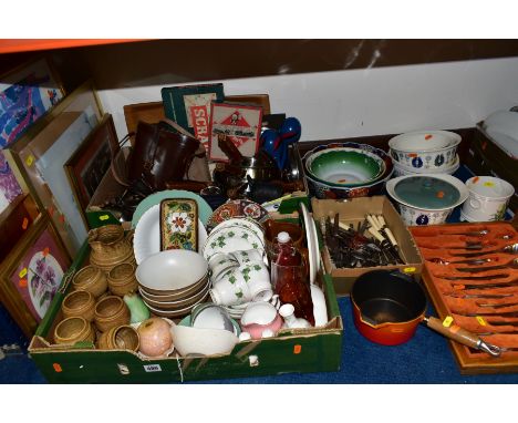 TWO BOXES AND LOOSE CERAMICS, PICTURES, METALWARES AND SUNDRY ITEMS, to include an Old Hall cutlery canteen, a Le Creuset cas