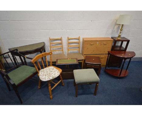 A QUANTITY OF OCCASSIONAL FURNITURE to include a mahogany demi lune table, magazine rack, single drawer cabinet, single drawe