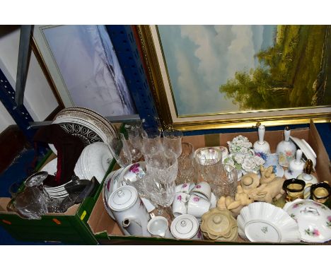 TWO BOXES AND LOOSE CERAMICS, GLASSWARES, PICTURES AND MOTORCYCLE EPHEMERA, to include a 'foreign' stamped tea set decorated 