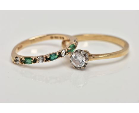 A 9CT GOLD DIAMOND AND EMERALD HALF ETERNITY RING AND A SINGLE STONE RING, the half eternity set with four circular cut diamo