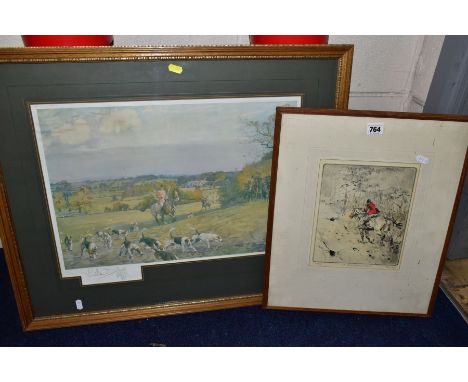 TOM CARR (BRITISH 1912-1977) 'A WOODLAND HUNT' a huntsman astride a white horse, signed limited edition etching, signed and t