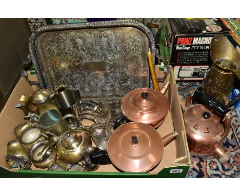 TWO BOXES OF METALWARES, CAMERAS AND LOOSE, ETC, including an electric copper kettle with no fittings, two copper tea pots, p