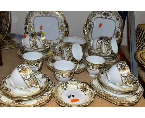 THIRTY EIGHT PIECES NORITAKE GOLD FLOWER BASKET TEAWARES, pattern number 44318 comprising two cake plates, bowl, eleven teacu