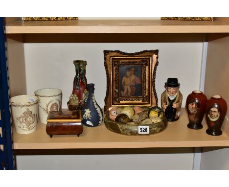 A GROUP OF VICTORIAN AND LATER CERAMICS, REUGE MUSIC BOX AND PAINTING, comprising two Queen Victoria Golden and Diamond Jubil