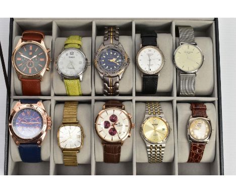 SELECTION OF WATCHES IN A DISPLAY BOX, display box encasing ten watches, names to include Timex, Accurist and Sekonda etc,