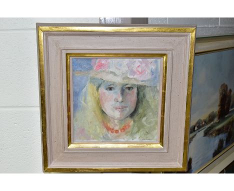 JANE CORSELLIS (BRITISH 1940) 'THE ROSE BRIMMED HAT' a portrait of a female figure, signed bottom right, Southgate Gallery la