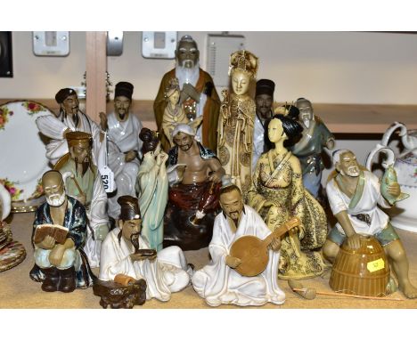 A GROUP OF MODERN ORIENTAL FIGURINES, to include fifteen figurines featuring people reading, fishing and playing musical inst