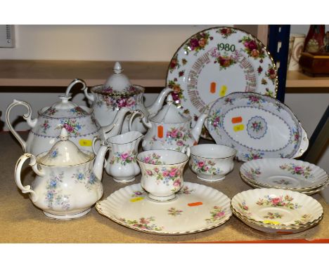 FOURTEEN PIECES OF ROYAL ALBERT TEA WARES, comprising a 'Petit Point China' tea pot and sandwich plate (both seconds), 'Autum