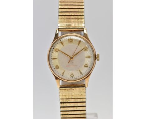 A GENTLEMENS 9CT GOLD WRISTWATCH, hand wound movement, round champagne textured dial signed Antimagnetic, Arabic and baton ma