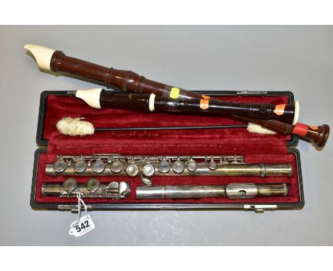 A CASED YAMAHA SILVER PLATED FLUTE, bears model No. YFL2115, the case fitted with cleaning accessories, together with a plast