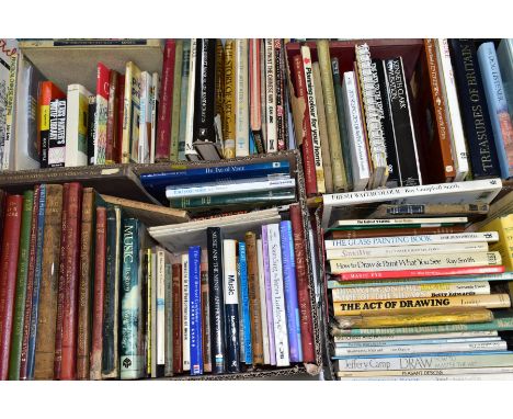 FOUR BOXES OF BOOKS, PAMPHLETS, SHEET MUSIC, ETC, over one hundred and forty five volumes, subject matter includes art and ha