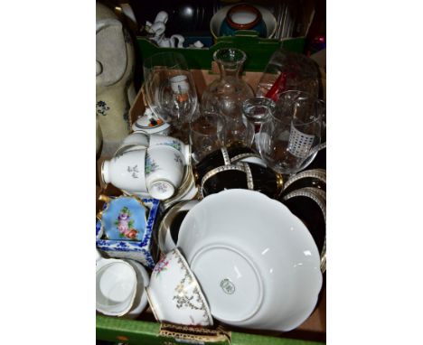 TWO BOXES OF CERAMICS AND GLASSWARE AND A DECORATIVE CERAMIC ELEPHANT, to include New Chelsea bone china part tea set, a Wind