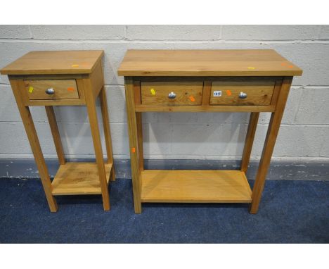 A LIGHT OAK HALL TABLE with two drawers, and undershelf, width 70cm x depth 32cm x height 80cm and a matching lamp table with