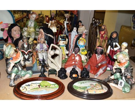 A GROUP OF MODERN CERAMIC, COMPOSITE, METAL, STONE AND RESIN FIGURES ETC, including two framed oval plaques, a pair of scarec