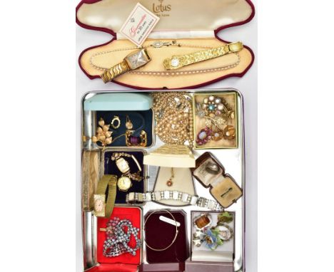 A BOX OF MOSTLY COSTUME JEWELLERY, to include a ladies gold-plated 'Oris' wristwatch, fitted with a rolled gold shell link br