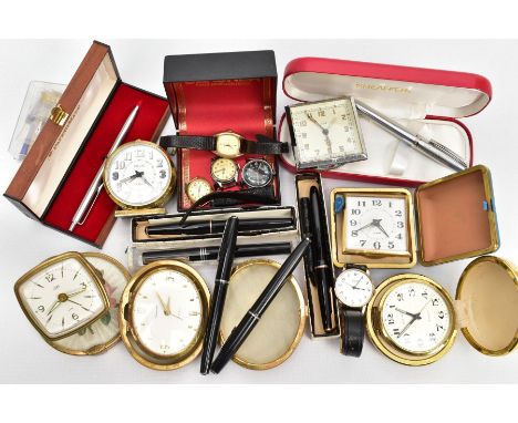 SELECTION OF PENS WATCHES AND TRAVEL CLOCKS, to include a boxed ball point Sheaffer, brushed steel finish, marking national b